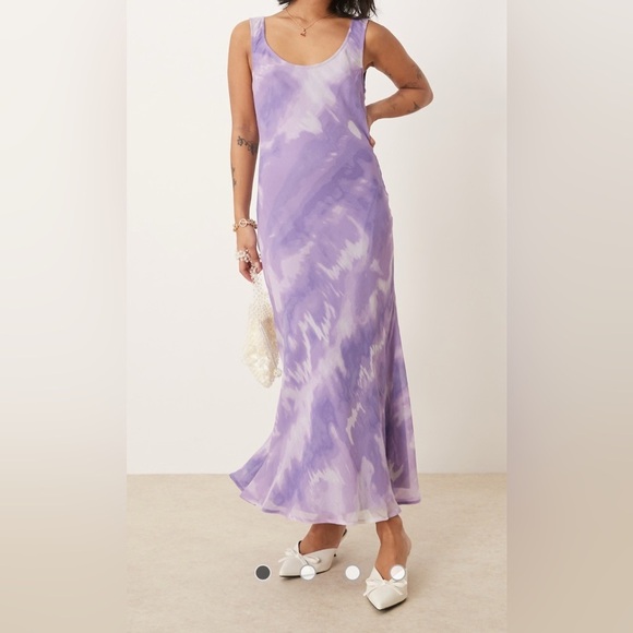 ASOS DESIGN Petite chiffon scoop neck midi slip dress purple tie dye print 2 New - Picture 15 of 16